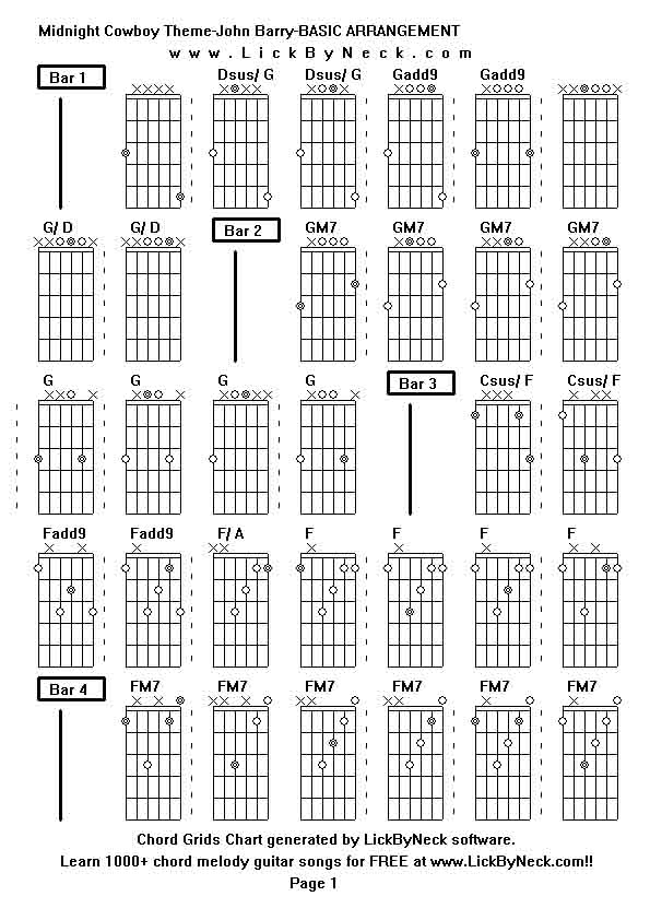 Chord Grids Chart of chord melody fingerstyle guitar song-Midnight Cowboy Theme-John Barry-BASIC ARRANGEMENT,generated by LickByNeck software.